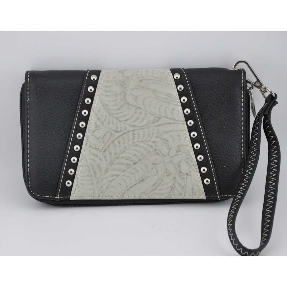 P&G Wristlet Wallet Black/Gray Excellent Studded Floral Embossed‎ Western